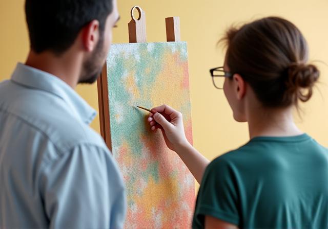 An instructor guiding an older student on brush technique in a bright studio