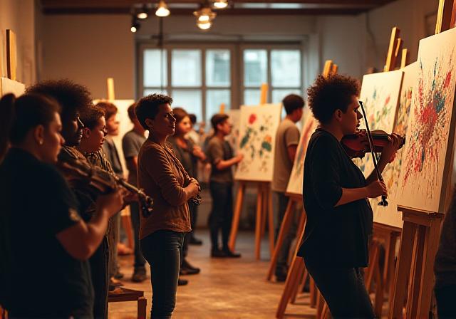 Artists painting collectively in a studio with a live violinist in the background