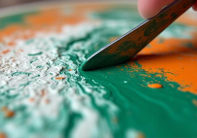 Close up of acrylic paint being mixed on a wooden palette