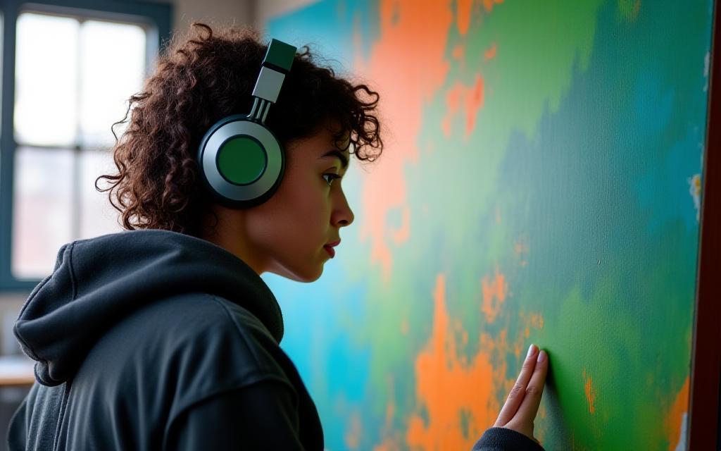 A student wearing professional headphones while focused on an acrylic painting on canvas