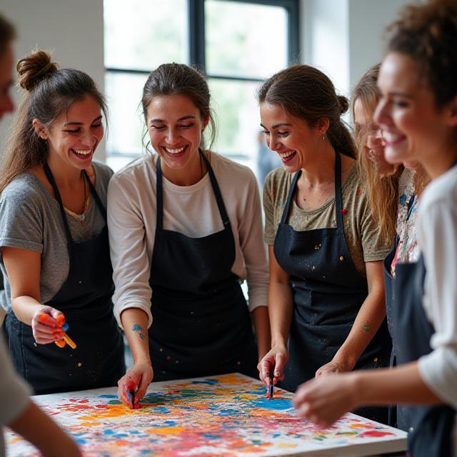 A group of art students collaborating on a large-scale mural