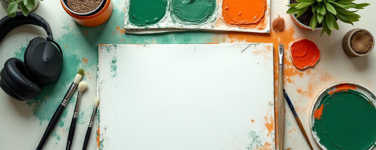 Art studio tools arranged neatly on a desk