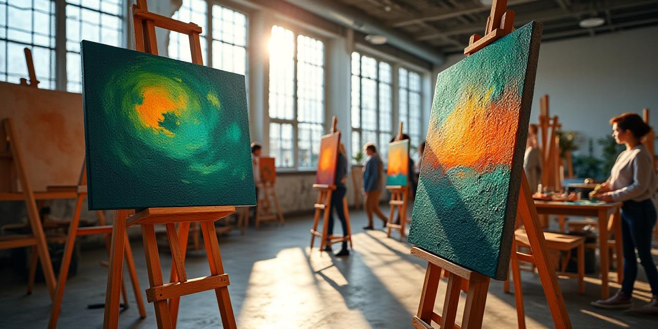 Students painting vibrant acrylic landscapes in a sunlit studio